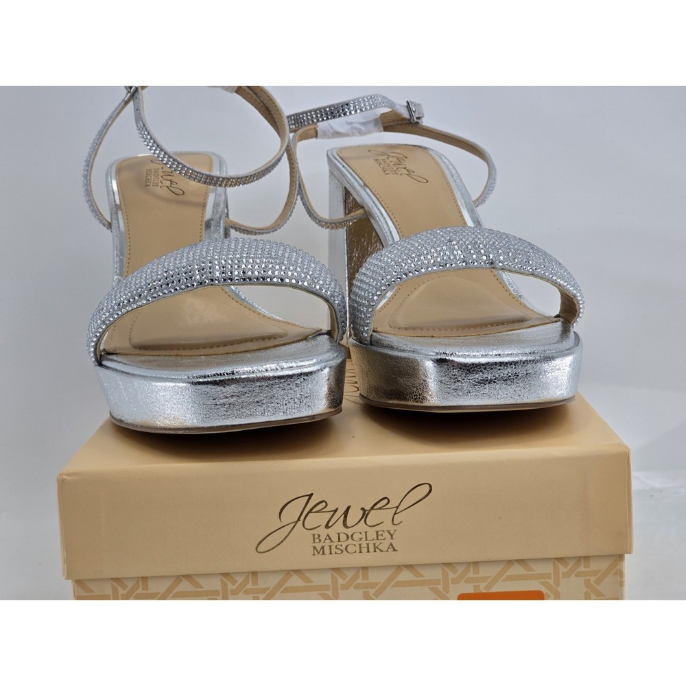 Jewel Badgley Mischka Teddi Platform Block Heels Silver - 10 M - NEW - Picture 5 of 12